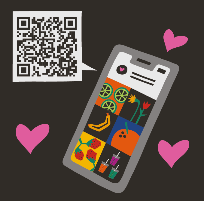 This image shows an illustration of a mobile phone with a social media app open on teh screen, you can see the pictures of vegeatbles that have been posted to the account. There is also a QR xcode that will take you to the Sandy Park Greengrocers instagram account.